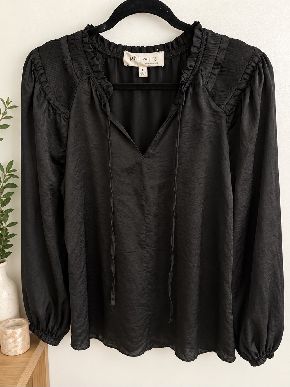 Philosophy Black Satin V-Neck Ruffled Peasant Blouse